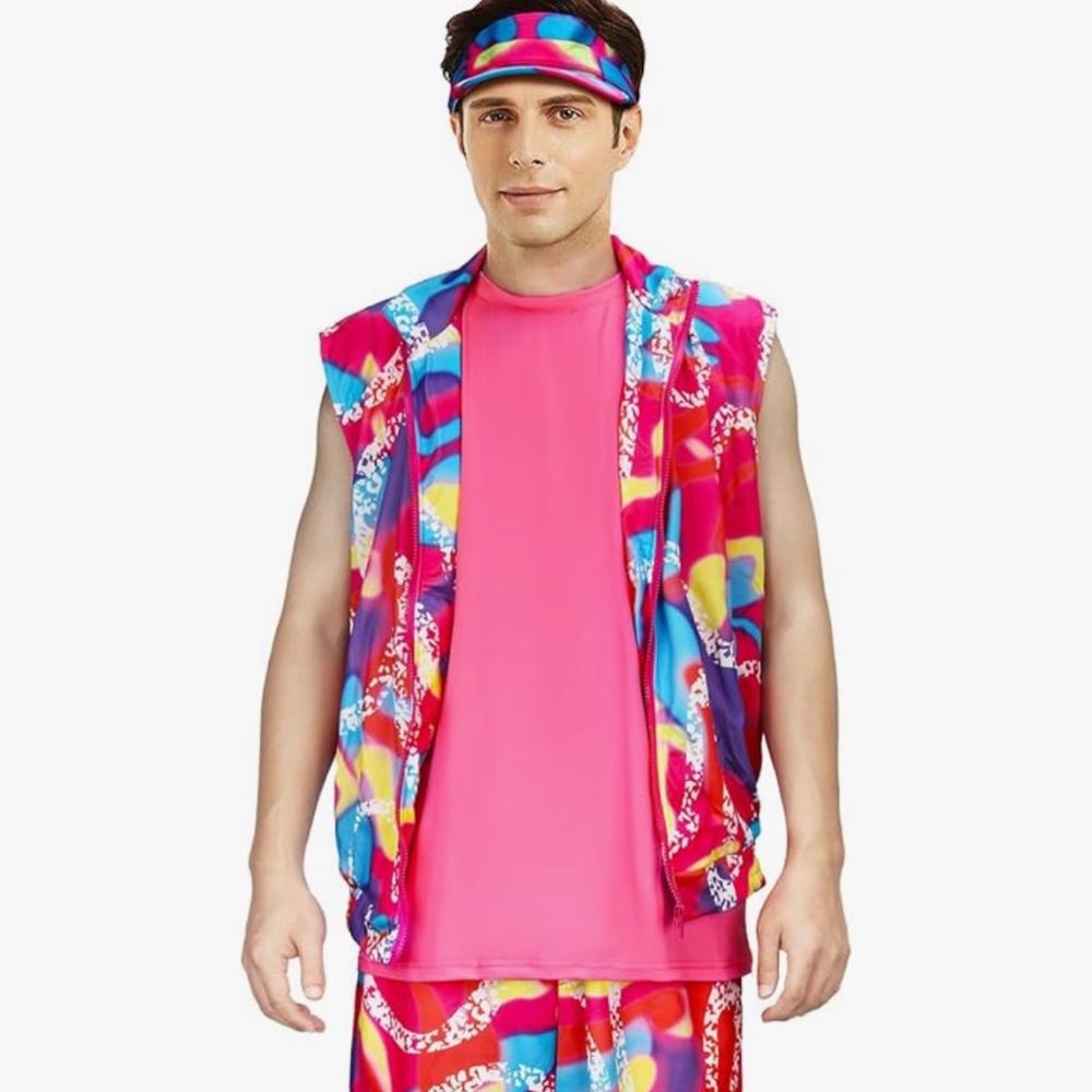 Adult Men Ken Halloween Costume Vest T-Shirt Shorts Outfit Pink 80s 90s Workout